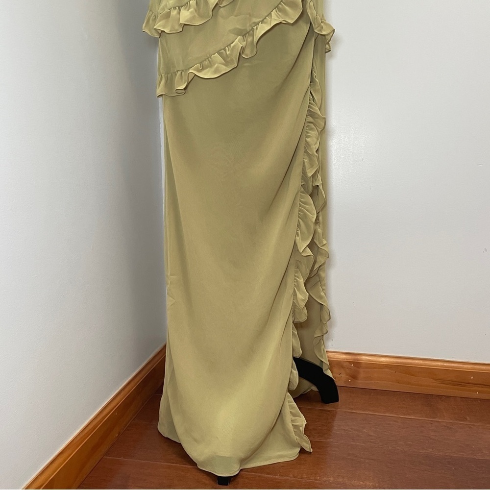 House of CB- PIXIE Olive Ruffle Maxi Dress Size Large Green V Neck Summer - Picture 4 of 15